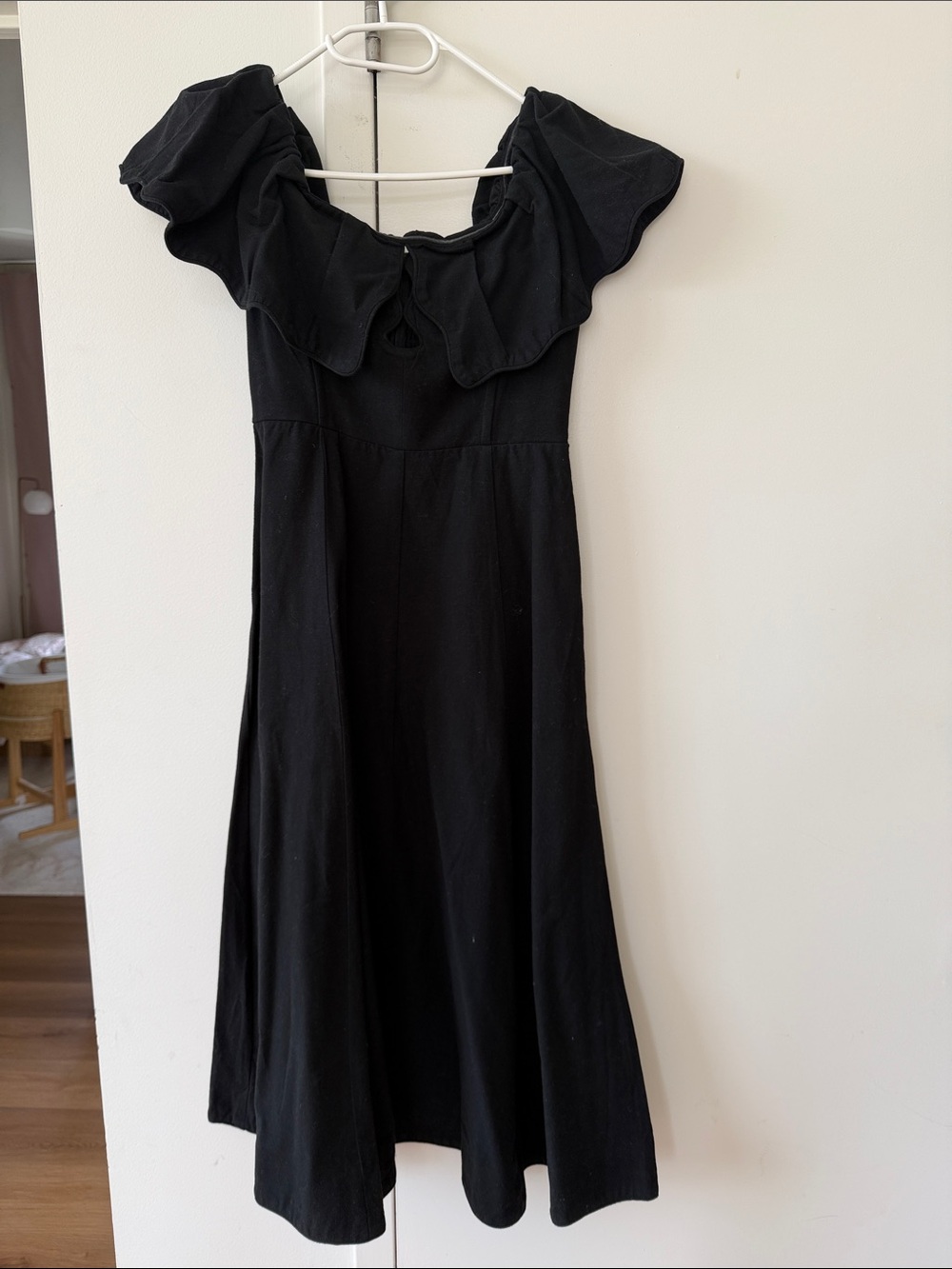 Sea New York Black Off-Shoulder Midi Dress with Ruffle Collar